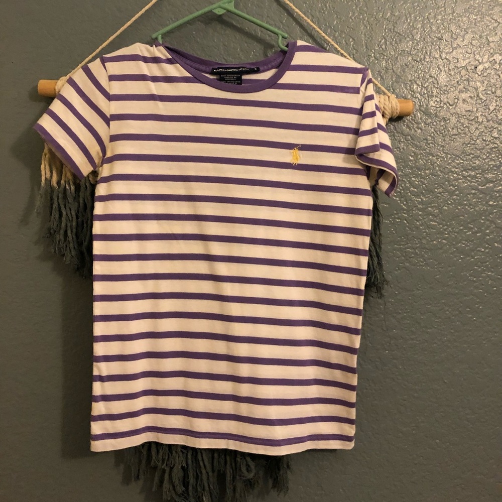 purple and white stripped Polo